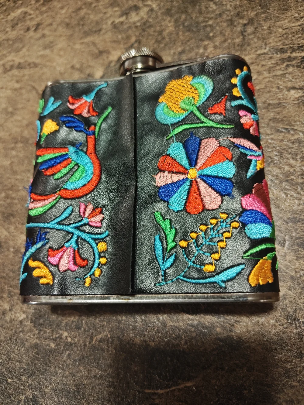 Pier 1 Embroidered Floral Black Hip Flask